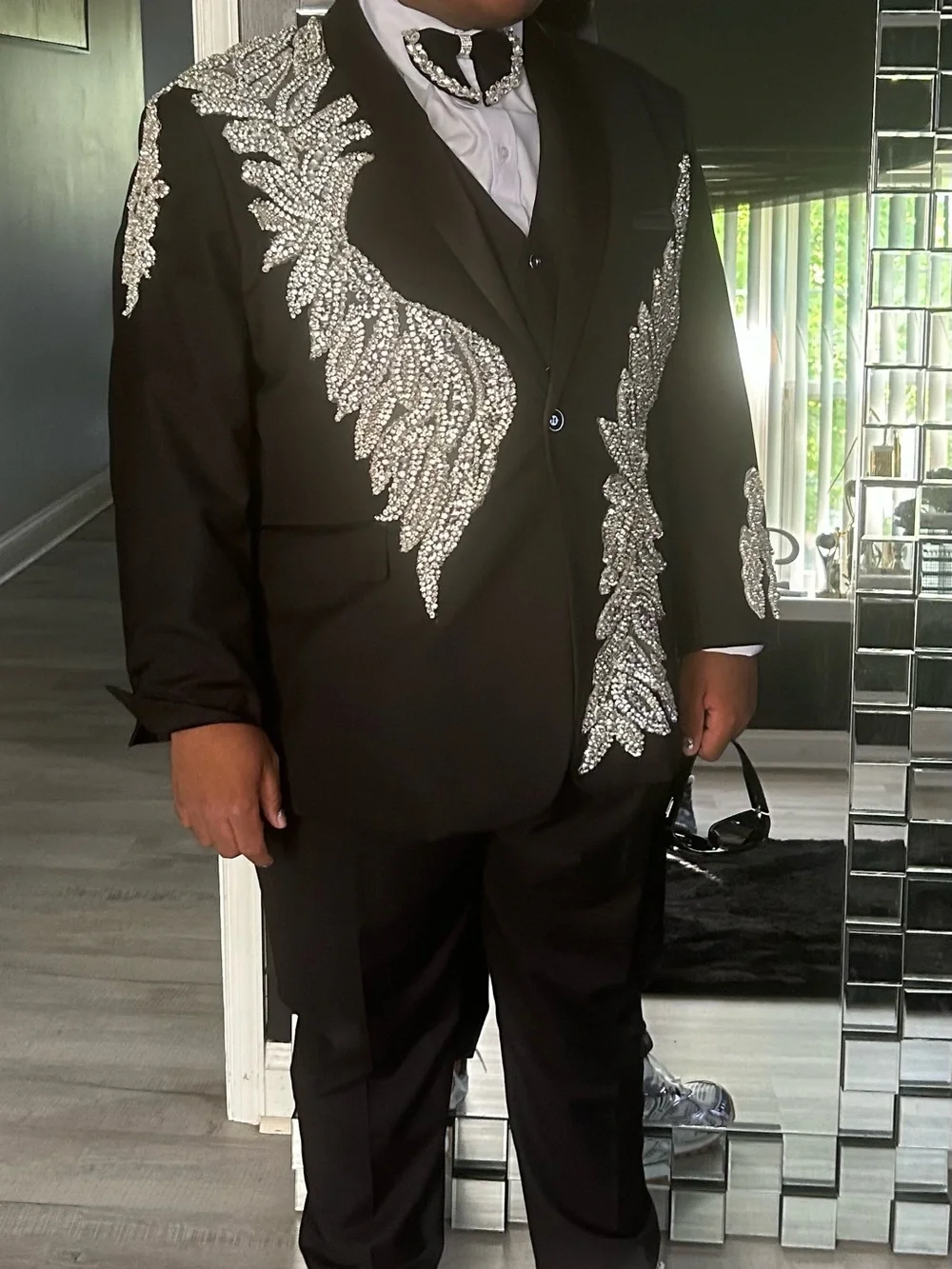 Men's Black Blazer with Silver Crystal Embellishment